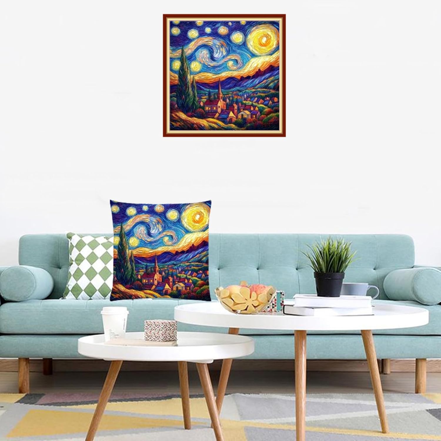 Lovxvouy Pillow Cross Stitch Kits for Adults Beginners-Preprinted Needlepoint Kit Stamped Crossstitching Kits 11CT Cross-Stitch Kit Stitches Kit Embroidery Kits-Van Gogh Stars and Moon 18x18 inchs