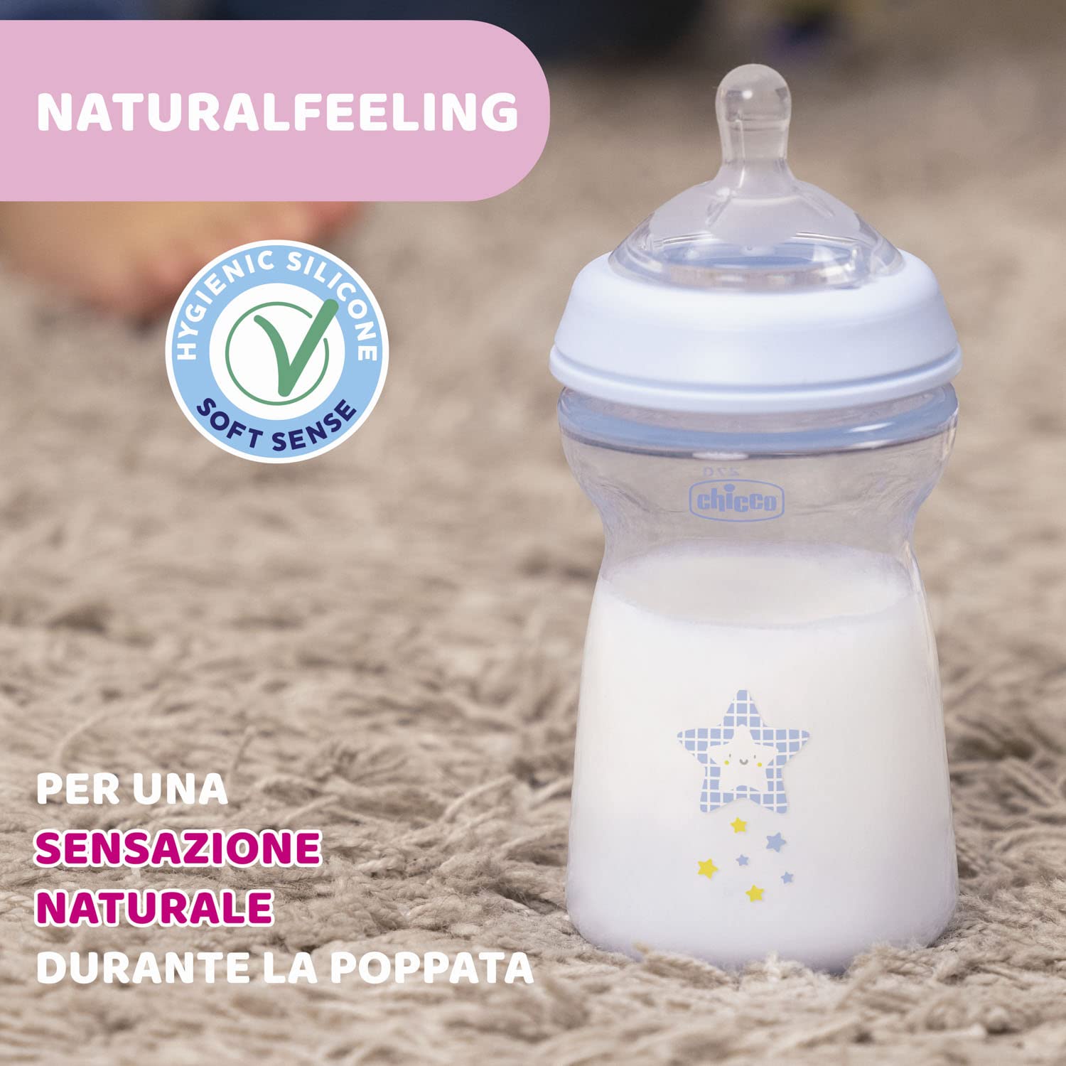 Chicco Natural Feeling Biberon Anticolica 6 Mesi + da 330 ml, Biberon con Tettarella in Silicone Morbida e Flessibile, Adatto per Allattamento Misto, Flusso veloce, Colore Azzurro