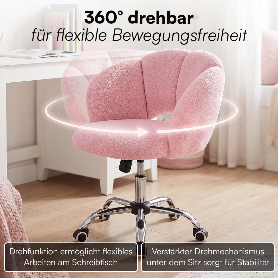 Bellabino Meli Kinderschreibtischstuhl in Wolkenform rosa – 360° Drehstuhl für Kinder- & Jugendzimmer – ergonomischer Kinderstuhl höhenverstellbar – gepolsterter Kinder Schminktischstuhl mit 5 Rollen