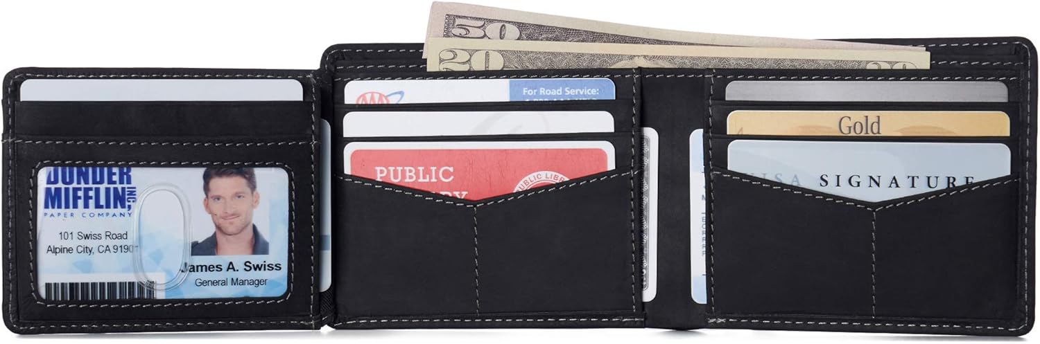 Alpine Swiss Mens Wallet for Men | RFID Protected Leather Mens Wallet | Spencer Bifold with Divided Bill Section | Gift Box | 2 ID Windows | 14 Card & Storage Pockets for Organization - Image 6