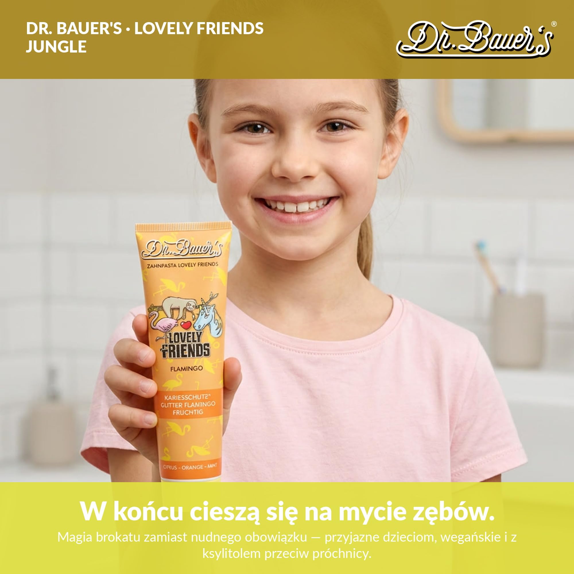 Pasta do zębów dla dzieci Dr Bauer's Lovely Friends Jungle z brokatowymi postaciami - 6x90ml