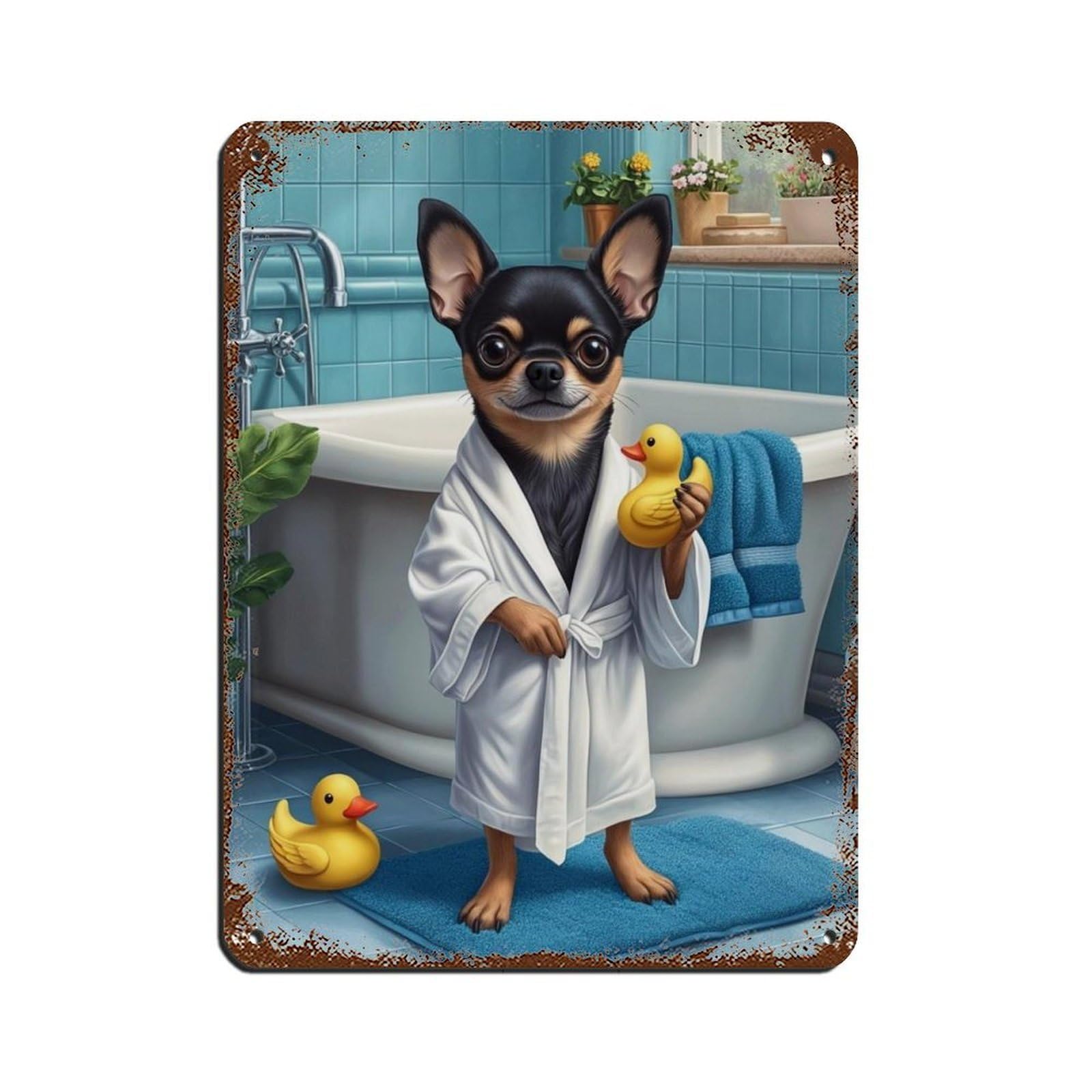 Black Chihuahua in Bathtub Art Tin Sign Vintage Metal Pub Club Cafe Bar Home Wall Art Decoration Poster Retro 12x16inch(30x40cm)