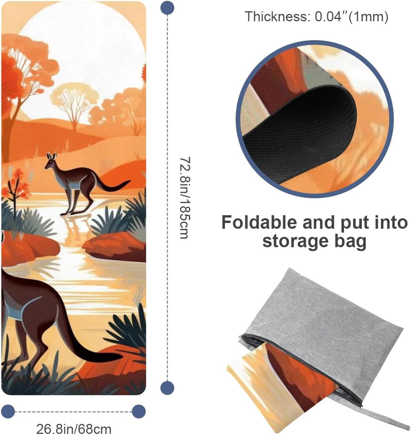 Yoga Towel, Kangaroo Pattern Non Slip Sweat Absorbent Hot Yoga Mat Towel for Hot Yoga, Pilates and Fitness - 72.8" x 26.8"