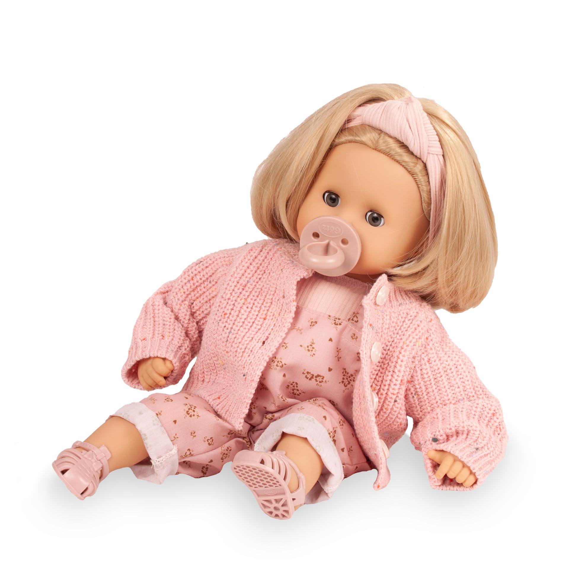 Götz 2620972 Muffin Millefleur Puppe 33 cm Babypuppe Blaue Schlafaugen | 7-tlg, blonde Haare, Weichkörper, für Kinder ab 3 Jahren, frisierbar, waschbares Haar, mit Schnuller, Haarband und Sandalen