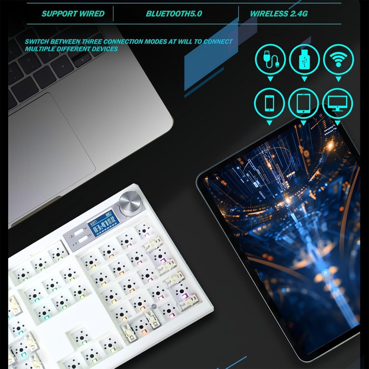 GMK104 Barebones Keyboard Kit with Screen&Knob,QMK/VIA Programmable BT5.0/2.4GHz/Type-C Tri-Mode Gasket Mounted Hot Swap RGB Backlit Full Size Custom PCB Kit DIY Mechanical Keyboard for Win/Mac(White)