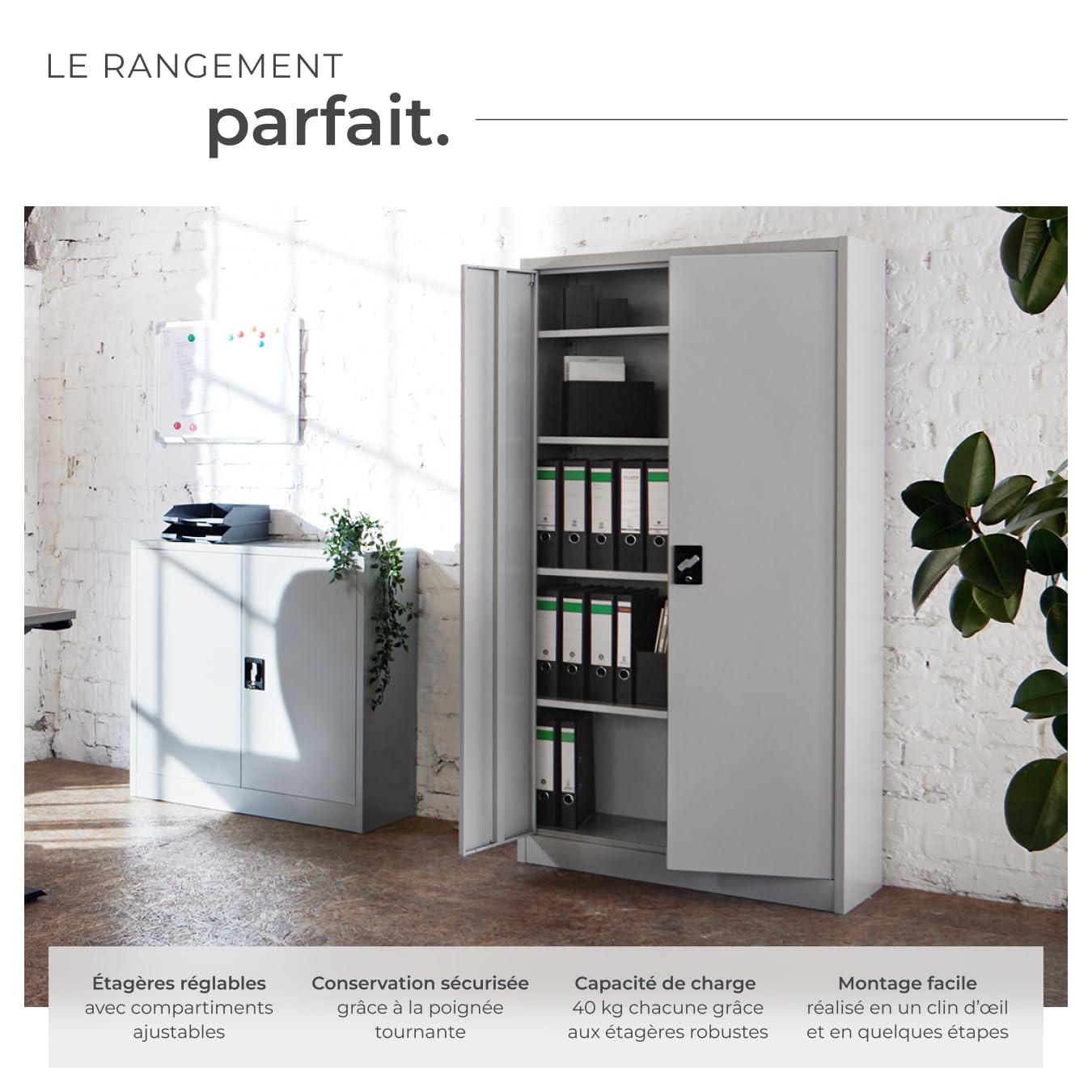 tectake Armoire de Bureau métallique 90 x 40 x 180 cm avec Serrure Rangement Bureau avec 5 Compartiments pour Classeur Rangement Documents Industriel Meuble 2 Portes, 4 Étagères Réglables en Hauteur