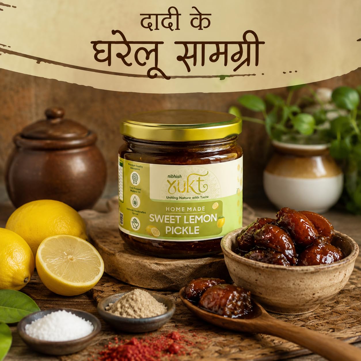 NIBHISH Yukt pickle Khatta Meetha Sweet Lemon Pickle | Sweet & Tangy Homemade Delight | Oil-Free, No Onion or Garlic | Traditional Chunda-Style Nimbu Ka Achaar with Grandma's Authentic Taste | Handmade Using Organic Preparation Methods | 100% Natural & Pure | Glass Jar 1