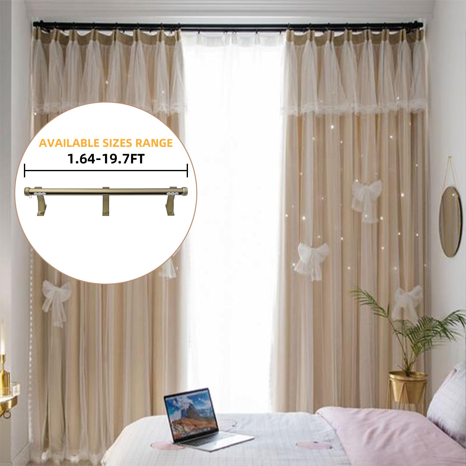 Tringle à rideaux robuste de 0,6 m pour rideaux occultants et rideaux - Tête décorative Ruyi élégante - Installation facile - Idéal pour les fenêtres - Design peu encombrant