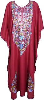 Indiatrendzs Womens Maroon Hand Embroidered Maxi Kaftan Cotton Goddess Maxi Dress 2X