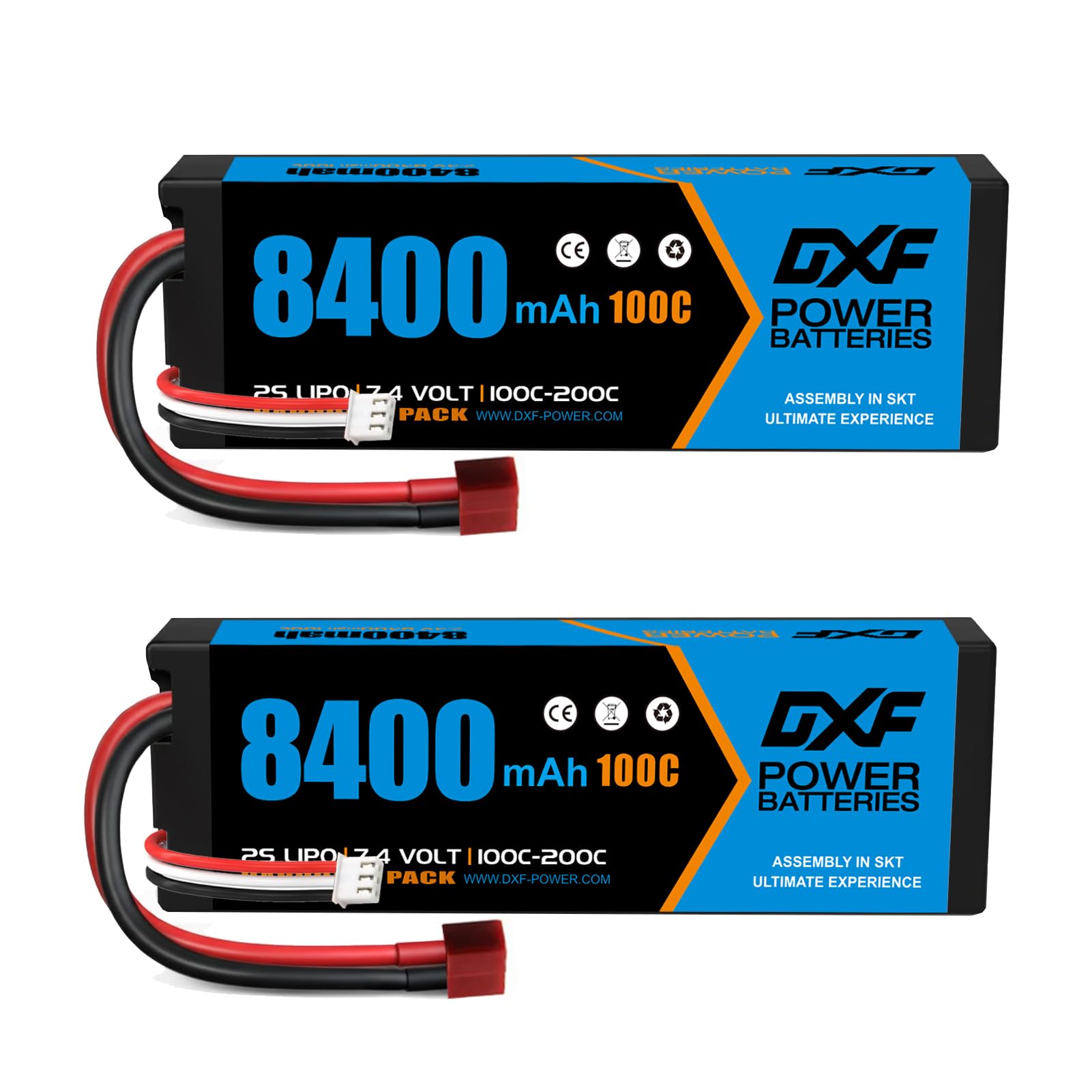 DXF RC 7.4V LIPO BATTERY 2Pack - 8400mAh 2S LIPO Battery for 1/8 & 1/10 Cars - lipo battery High Discharge 100C, Deans/T Plug, Fits Losi, HPI, Axial & More