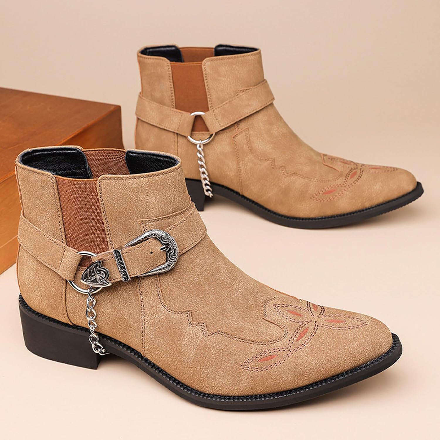 Men'S Hand Embroidery CowBoys Chelsea Boots with Chain Buckle Classic Elastic Band Slip-On Chunky Heel Non-Slip Western Motorcycle Ankle Boots
