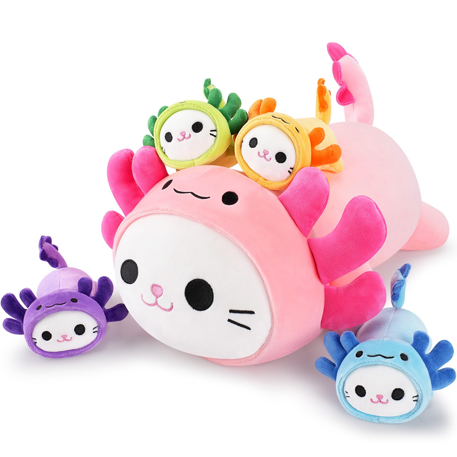 Auspicious beginning Stuffed Axolotl Large Plush Toys Stuffed Animals Mommy with Baby 5pcs Mommy Set with Baby Plushies Cuddly Toy Hugging Pillow Soft Animal Colorful Axolotl Plushie