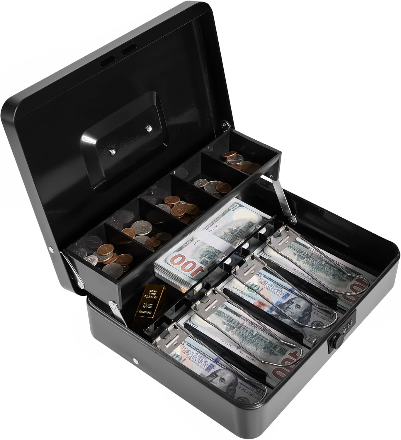 Locking Cash Box with Key Lock and Money Tray, Money Box, Lock Safe Box, Cash Money Lock Safe Box for Cash Register 11.8"x9.45"x3.54" (Black Combination)