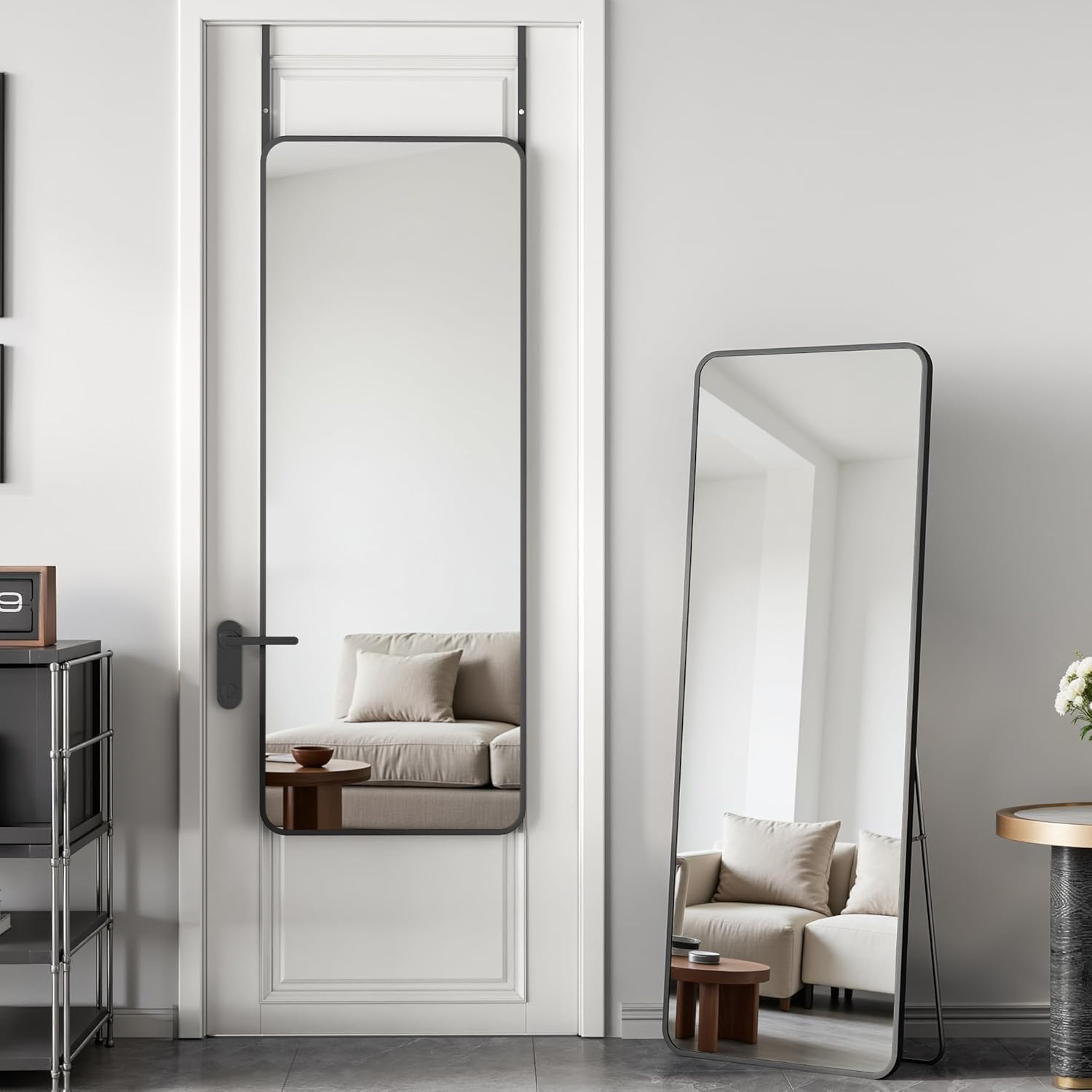 Antok Over The Door Mirror Full Length, 49'' x 14''Wall Mounted Hanging Mirror, Aluminum Alloy Frame, Shatterproof Glass, No Drill Installation for Bedroom, Closet, Bathroom, Dorm, Round Corner,Black