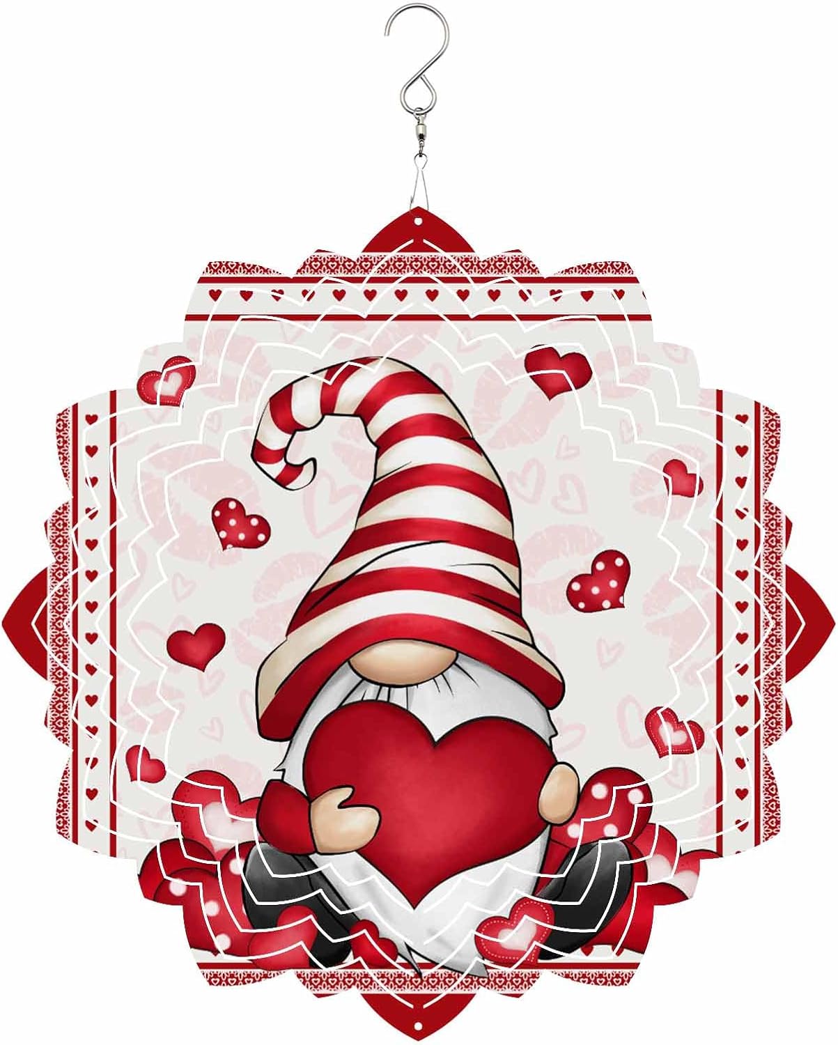 Red Gnome Valentine's Day Wind Spinners for Yard and Garden, Metal Wind Spinner Hanging for Outdoor Indoor, Love Heart Porch Garden Wind Sculptures Decor Spring Summer Ornament Spinner 10inch(Round)