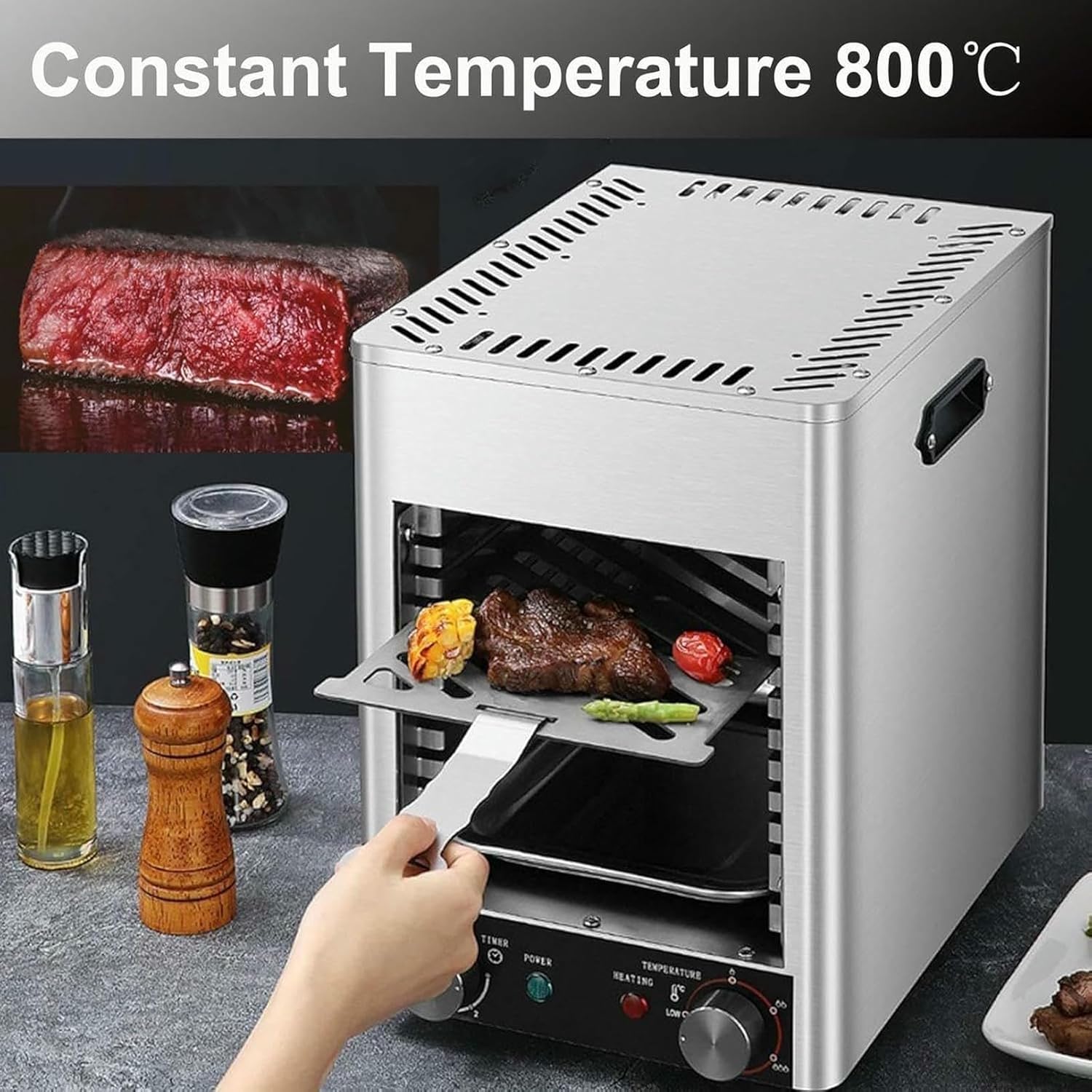 Electric Steak Grill Indoor, 1700w Steak Broiler Automatic Steak Smoker Grill with Gloves/Baking Tray,10min Timer, for Beef Chicken Vegetables