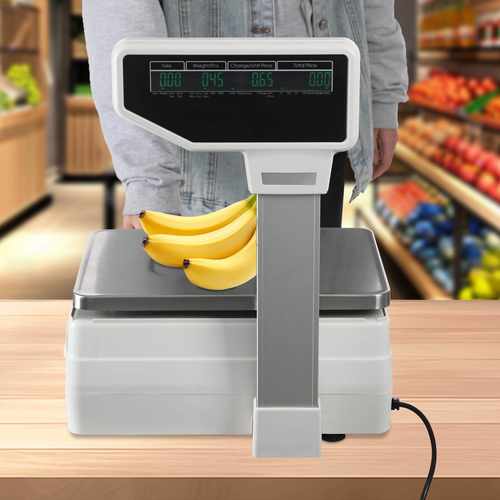 Cyfrowa waga obliczeniowa, maksymalna nośność 29,9 kg, komercyjna waga detaliczna z drukarką termiczną i dwustronnym wyświetlaczem LCD do supermarketów, sklepów z owocami i innych miejsc
