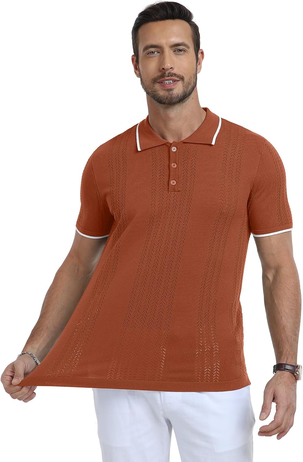 KUYIGO Men's Knit Hollow Out Polo Shirts Short Sleeve Button Collared Shirt Fashion Casual Summer Tops - Image 6
