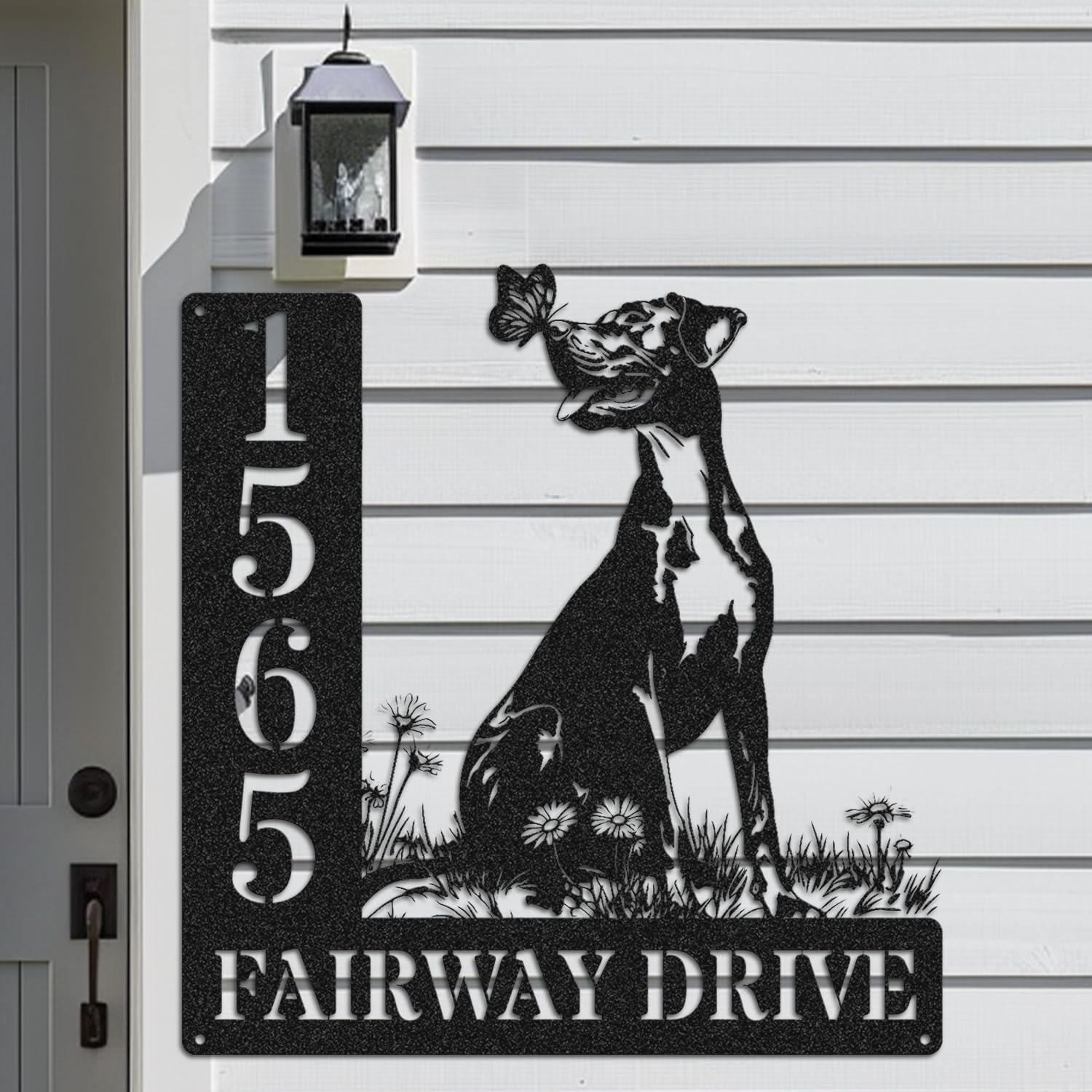 Personalized Great Dane Address Sign, Custom Metal Address Plaque, Great Dane Sitting with Butterfly Design, Lovely Outdoor Home Decor (Great Dane Address Sign)