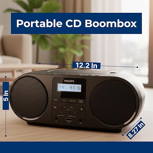 Miniatura 8 de Philips Reproductor de CD portátil Boombox con Bluetooth, radio FM, altavoces Dynamic Bass Boost, entrada USB/auriculares/auxiliar, reproductor de