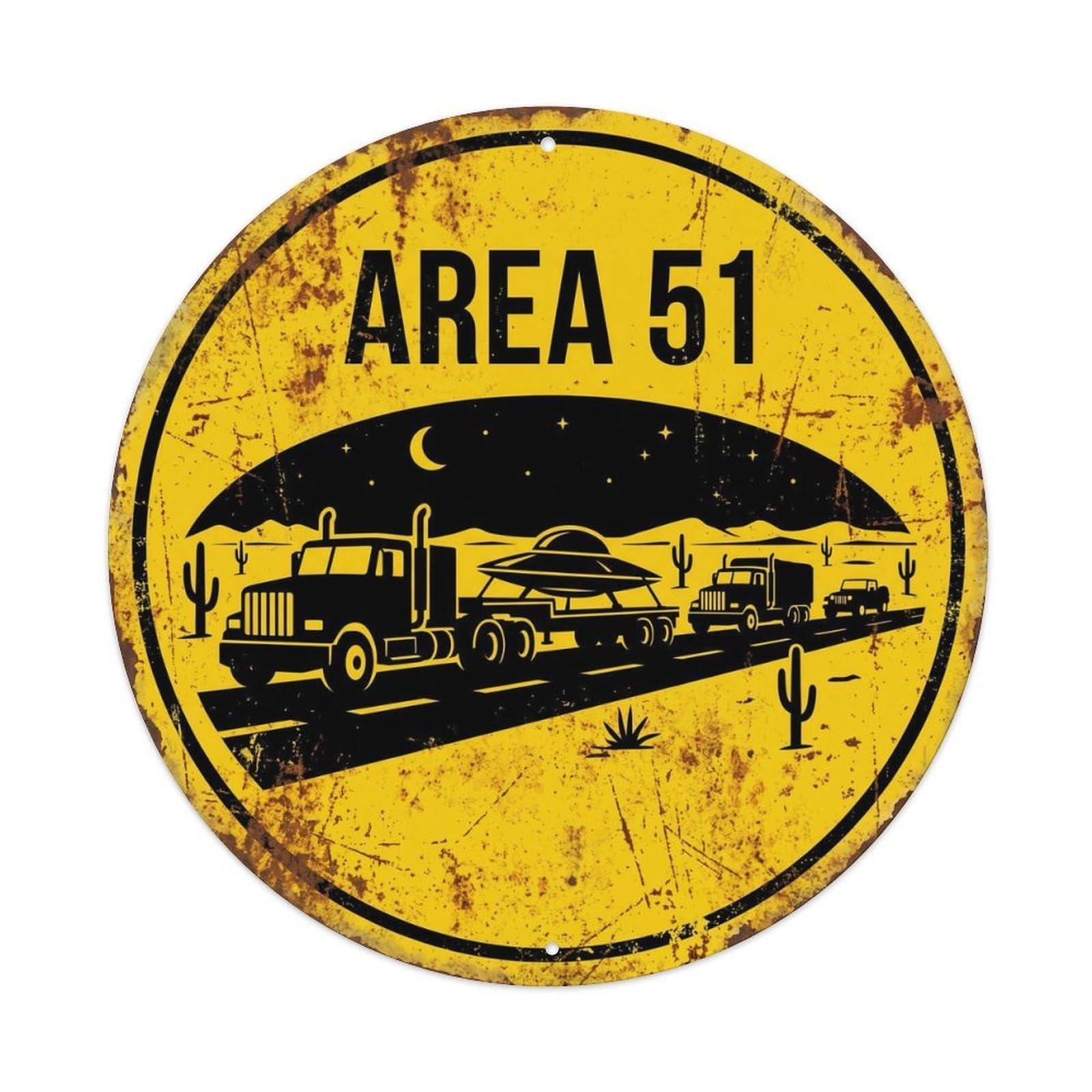 Vintage Alien Area 51 Convoy Transport Metal Tin Sign Plaque Wall Decor for Cafe, Club, Garden Round Metal Poster 8x8Inch