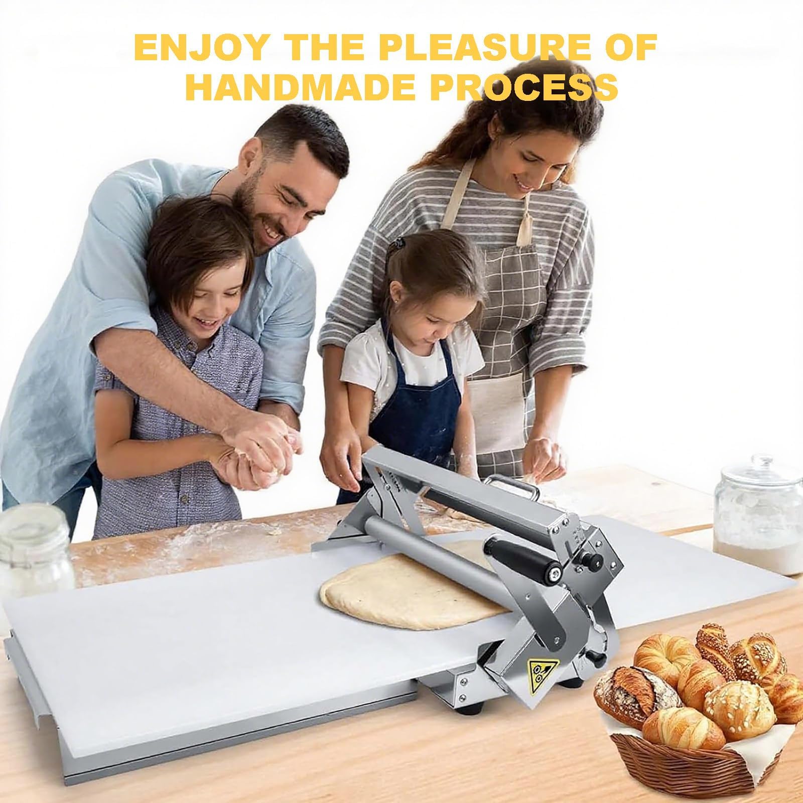 Sfogliatrice manuale in acciaio inox con spessore regolabile, ideale per croissant, pasticceria e preparazione della pasta