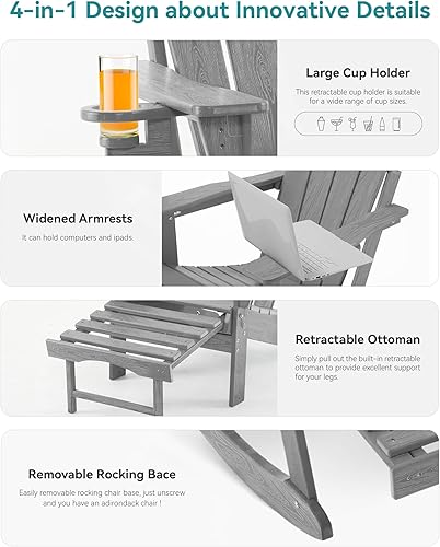 Miniatura 6 de Mecedora Adirondack ajustable con otomana retráctil, silla de patio plegable multifuncional 4 en 1 con soporte para tazas, silla al aire libre con