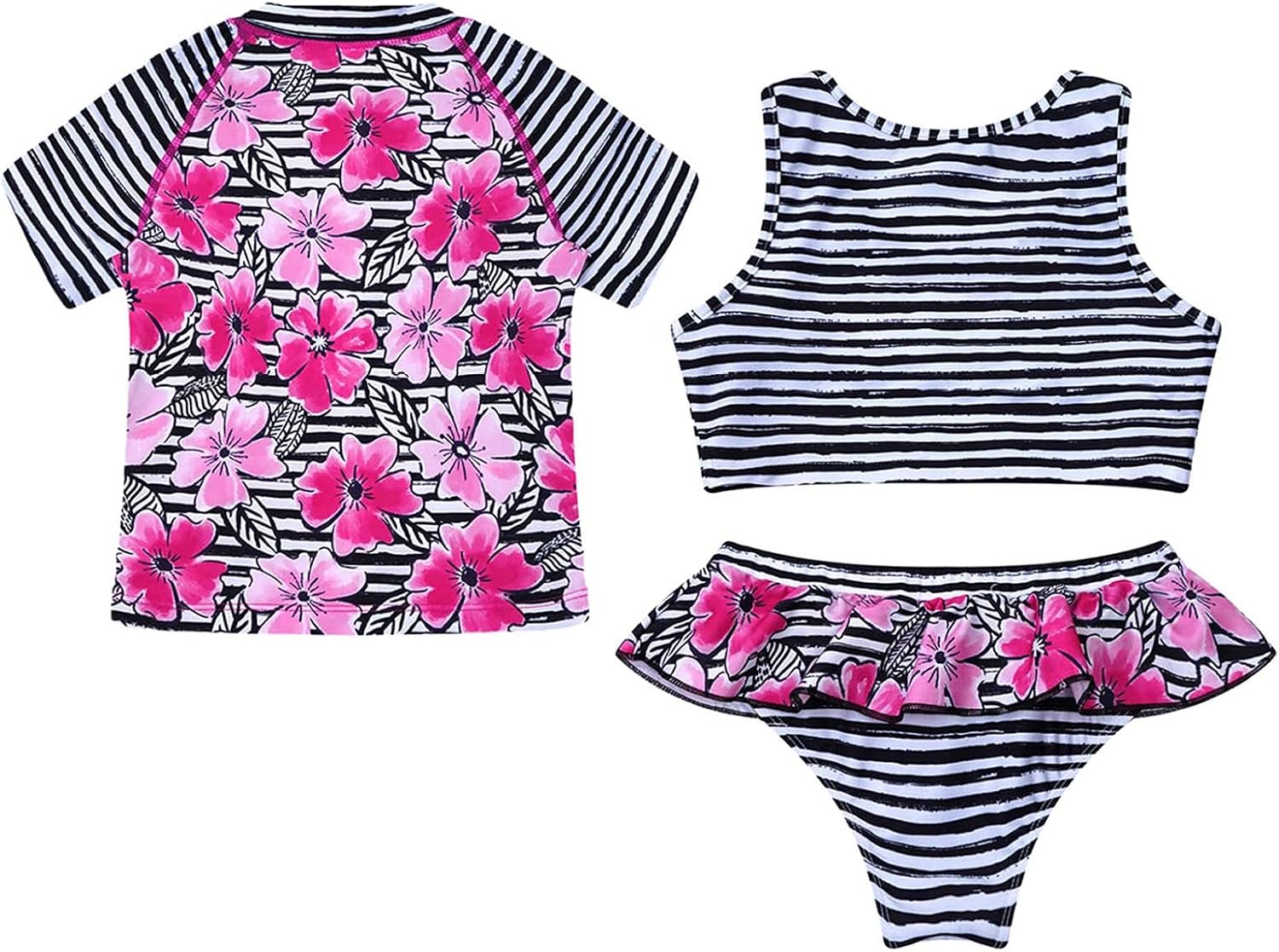 TTAO Girls Rash Guard 3-Piece Swimsuit Set Short Sleeve with UPF 50+ Sun Protection Bathing Suits