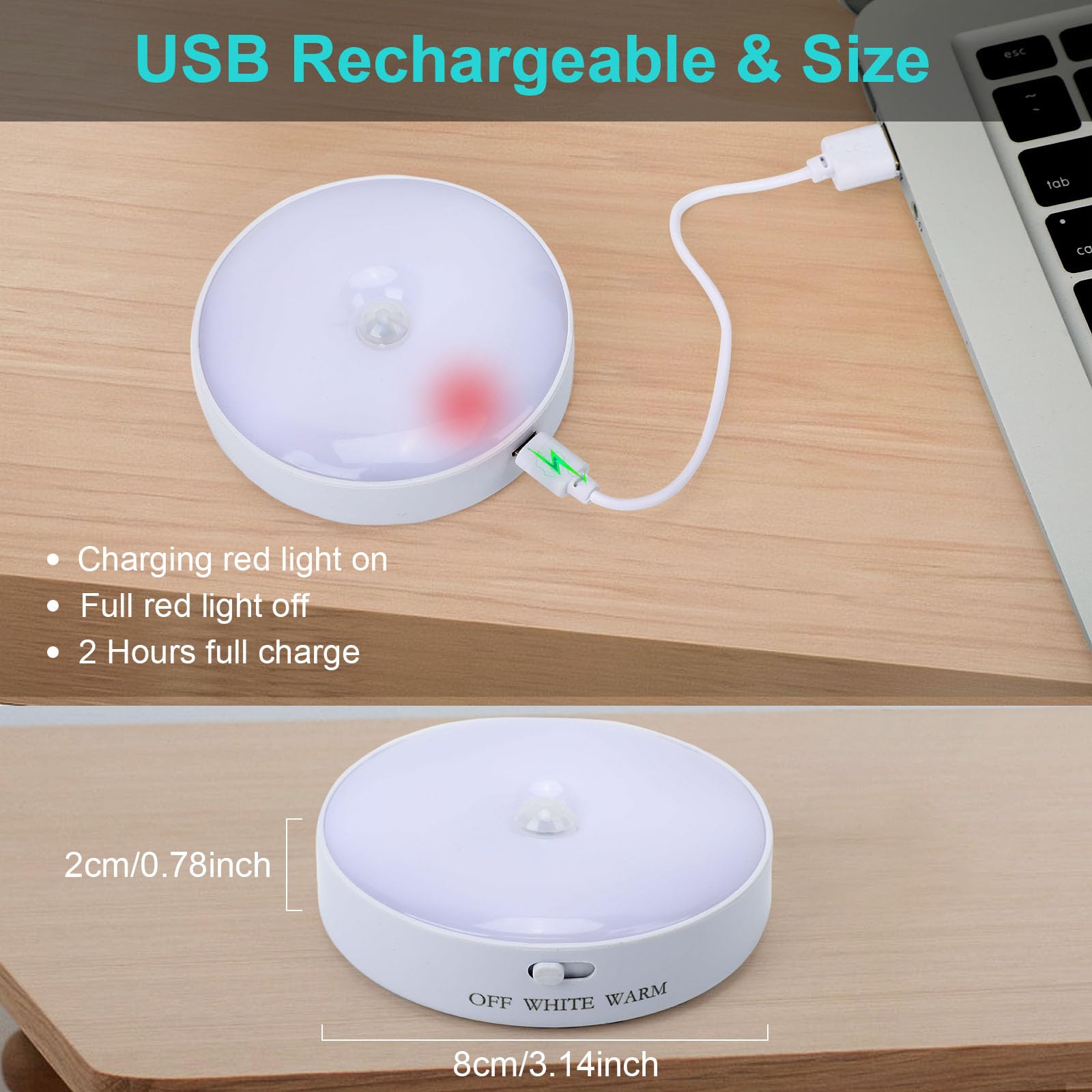 da LIGHT Luce notturna con sensore di movimento a batteria, 2 pezzi LED Illuminazione per scale USB Ricaricabile, luce per armadio Auto/ON/OFF, luce per corridoio 3000K Bianco caldo per corridoio