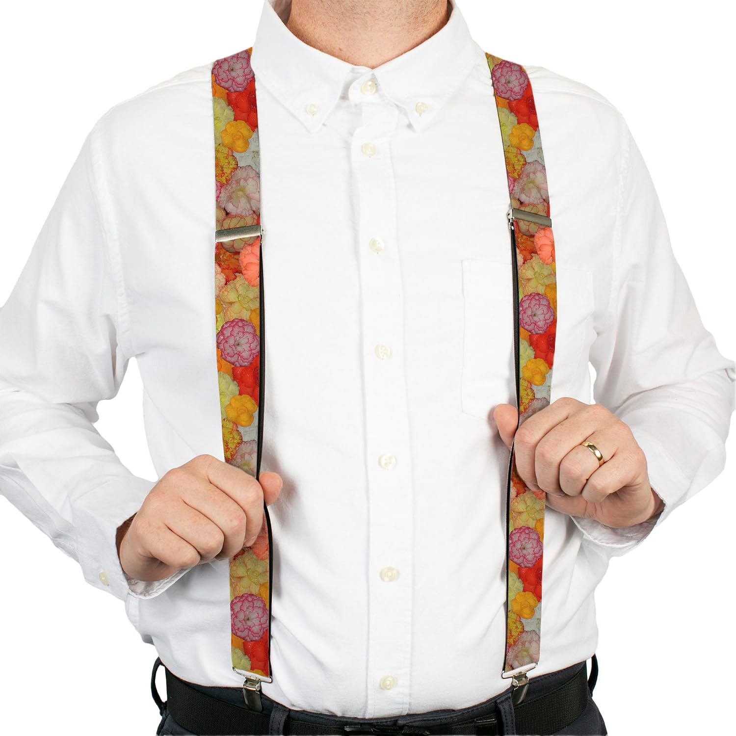 Buckle-Down Suspenders, Vivid Floral Collage Yellows Pinks Oranges