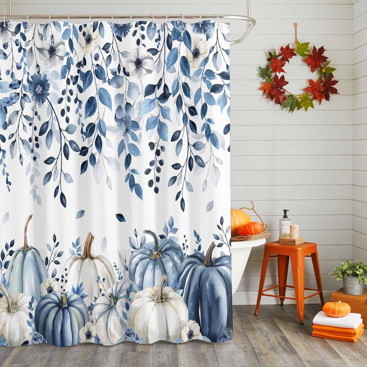 Blue Fall Shower Curtain Set - Small 36" x 72" Washable Bathtub Weeping Botanical Curtain with 12 Hooks, Pumpkins Thanksgiving Waterproof Fabric Stall Shower Curtains for Bathroom Décor
