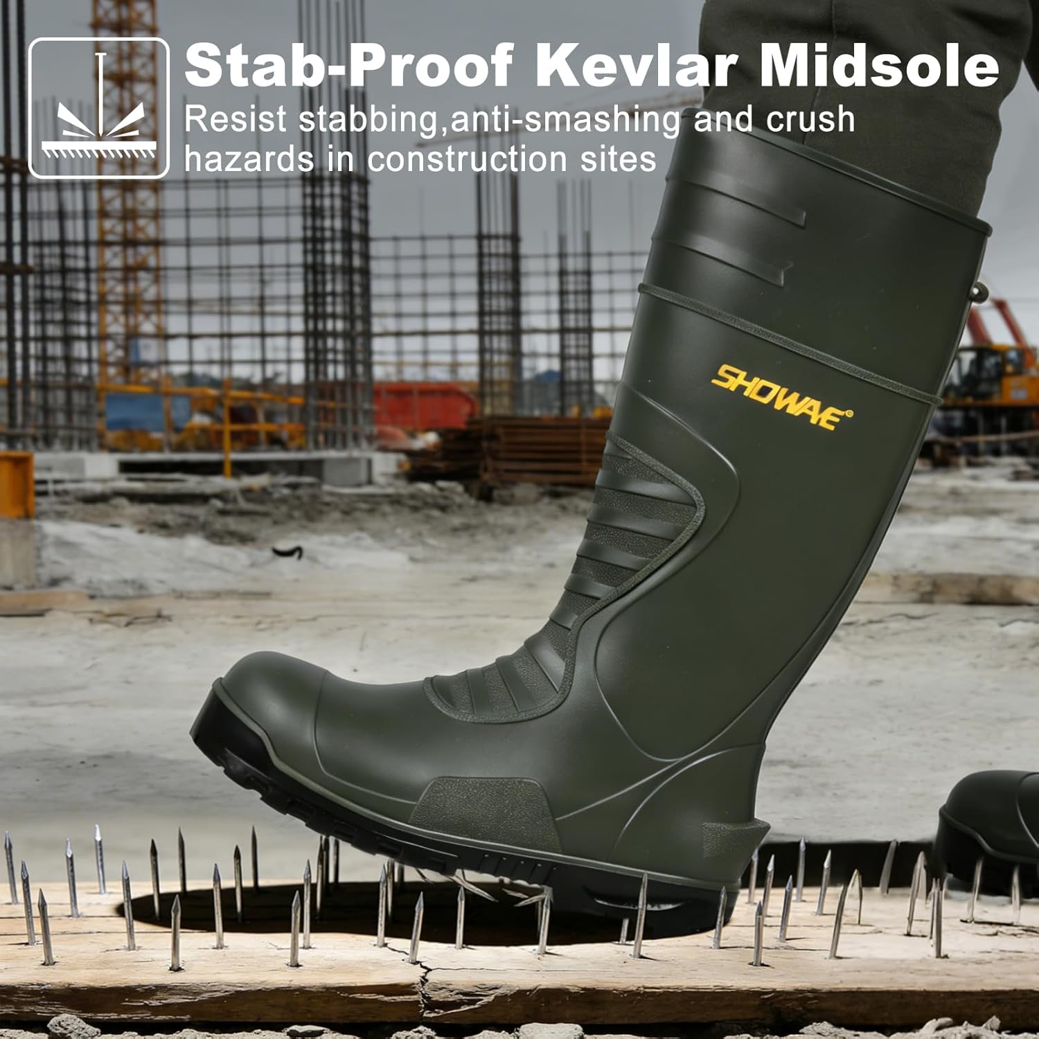 Showave Men's Steel Toe Rubber Boots Kevlar Sole Safety Work Boot Puncture-Proof Rain Boot Slip & Oil Resistant Outsole for Industrial Construction Agriculture
