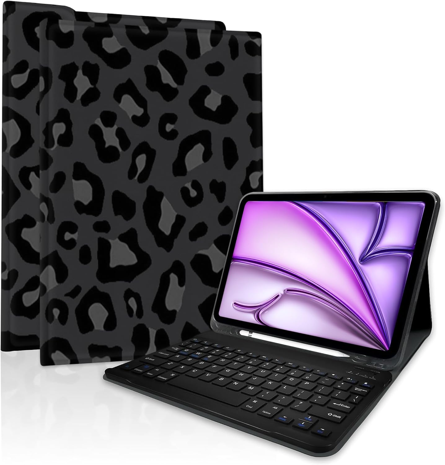 TopPerfekt for iPad Air 11 M4 2026 8th (M3 2025 / M2 2024) case with Bluetooth Keyboard for iPad Air 5th / 4th Generation 10.9 Inch (2022/2020) Rechargeable, Pencil Holder - Leopard Black Grey