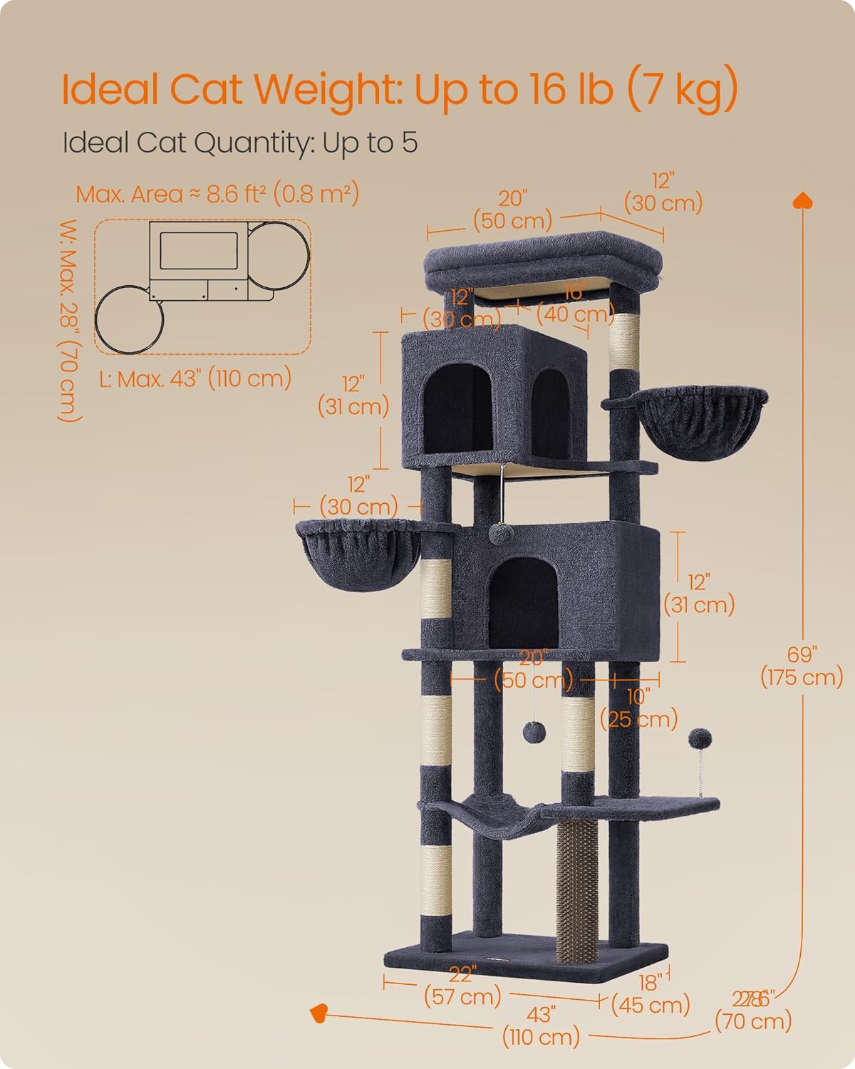 Feandrea Cat Tree, 69-Inch Tall Cat Tower, Multi-Level Plush Condo with 2 Caves, 2 Baskets, 5 Scratching Posts, Self-Groomer, Perch, Hammock, Dark Gray UPCT182G02