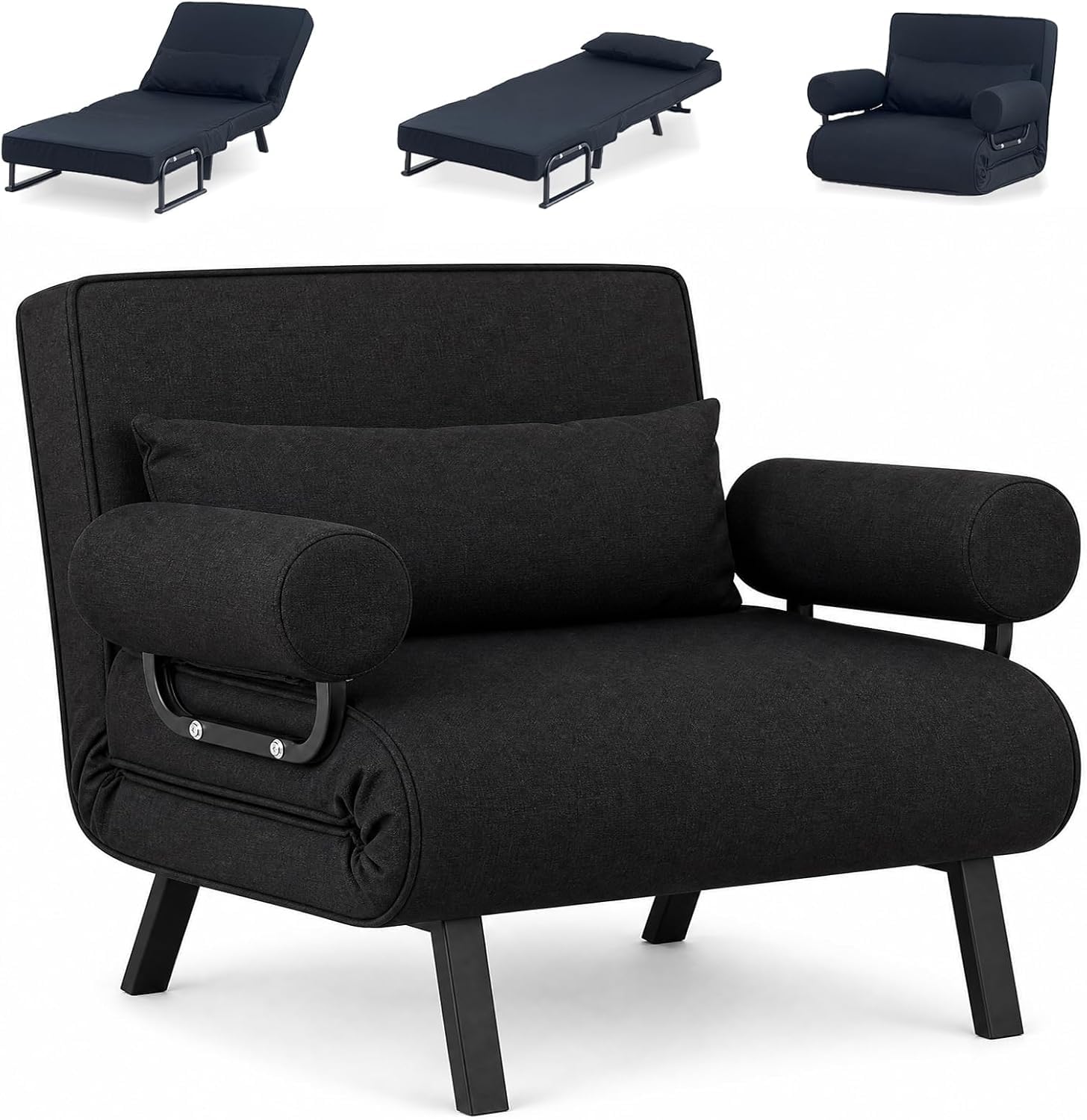 LSLIFE 4 in 1 Schlafsessel, Schlafsofa mit Bettfunktion Armlehnen & Kissen verstellbar 6-Position Rückenlehne Liegestühl Lounge Couch Guest Sleeper Sessel für Home Office ﻿ (80cm schwarz)