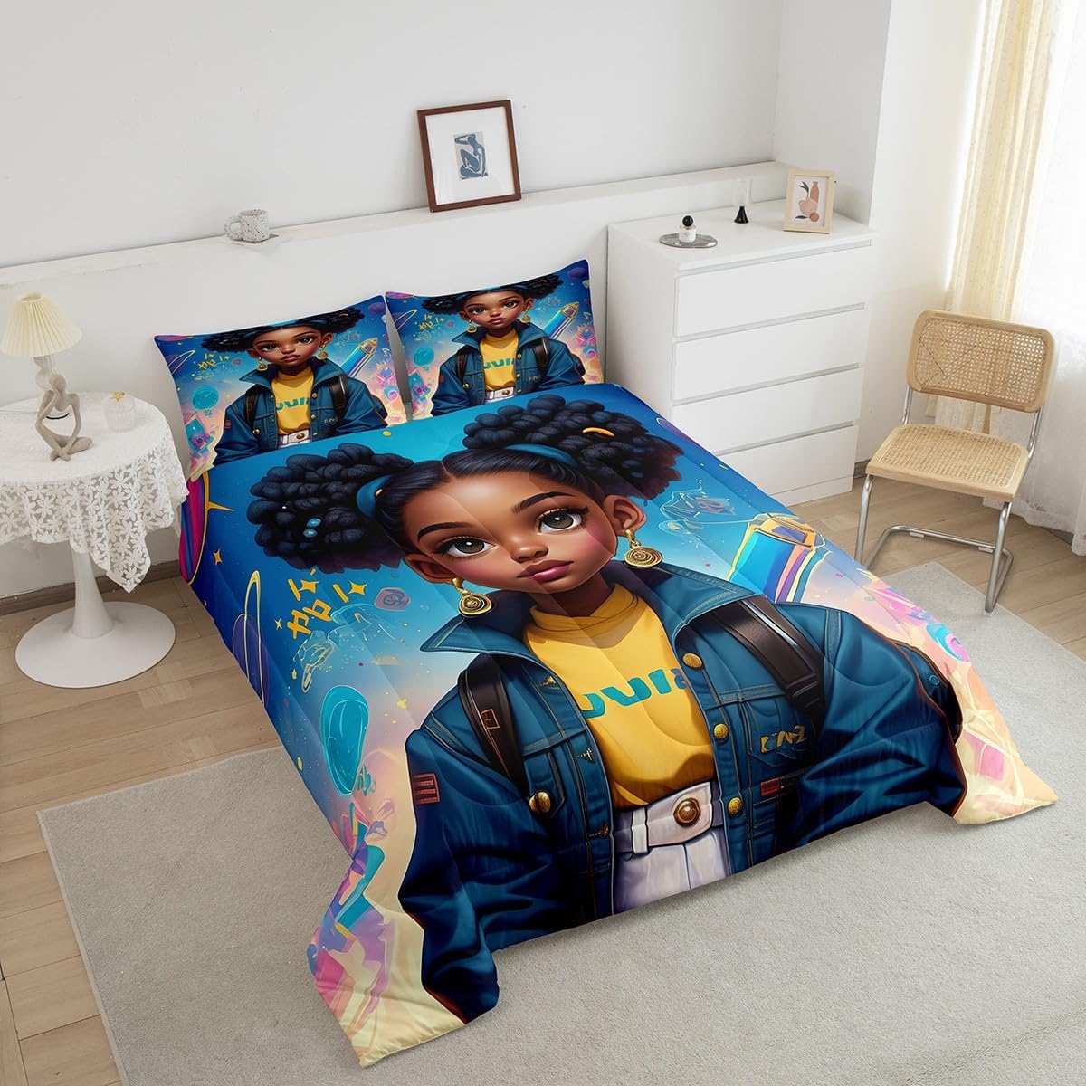 Castle Fairy African American Style Girl Comforter Set Toddler Size Modern Cartoon Lady Bedding Set Kids Girls Trippy Neon Planet All Season Quilt Set Cute Girly Bedding Comforter Sets,2Pcs