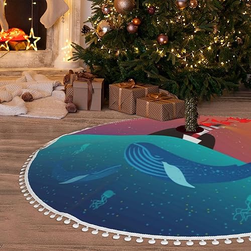 Vista 89 de Falda blanca para árbol de Navidad Let's Go Travel de 30 pulgadas con pompones esponjosos para árbol de fiesta navideña Vamos a viajar