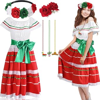 Halfchet 6 Pcs Mexicanos Traditional Dress Women Folklorico Vestidos Outfit Mexican Skirt Carnival Halloween Costume