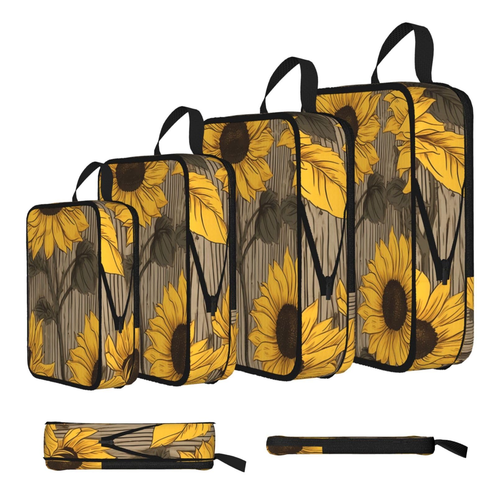 Ezdlowvba Black Sunflower Printed Print Compression Packing Cubes 4-Piece Set With Multi- Compartment Travel Bag, Waterproof Suitcase Organiser Bags