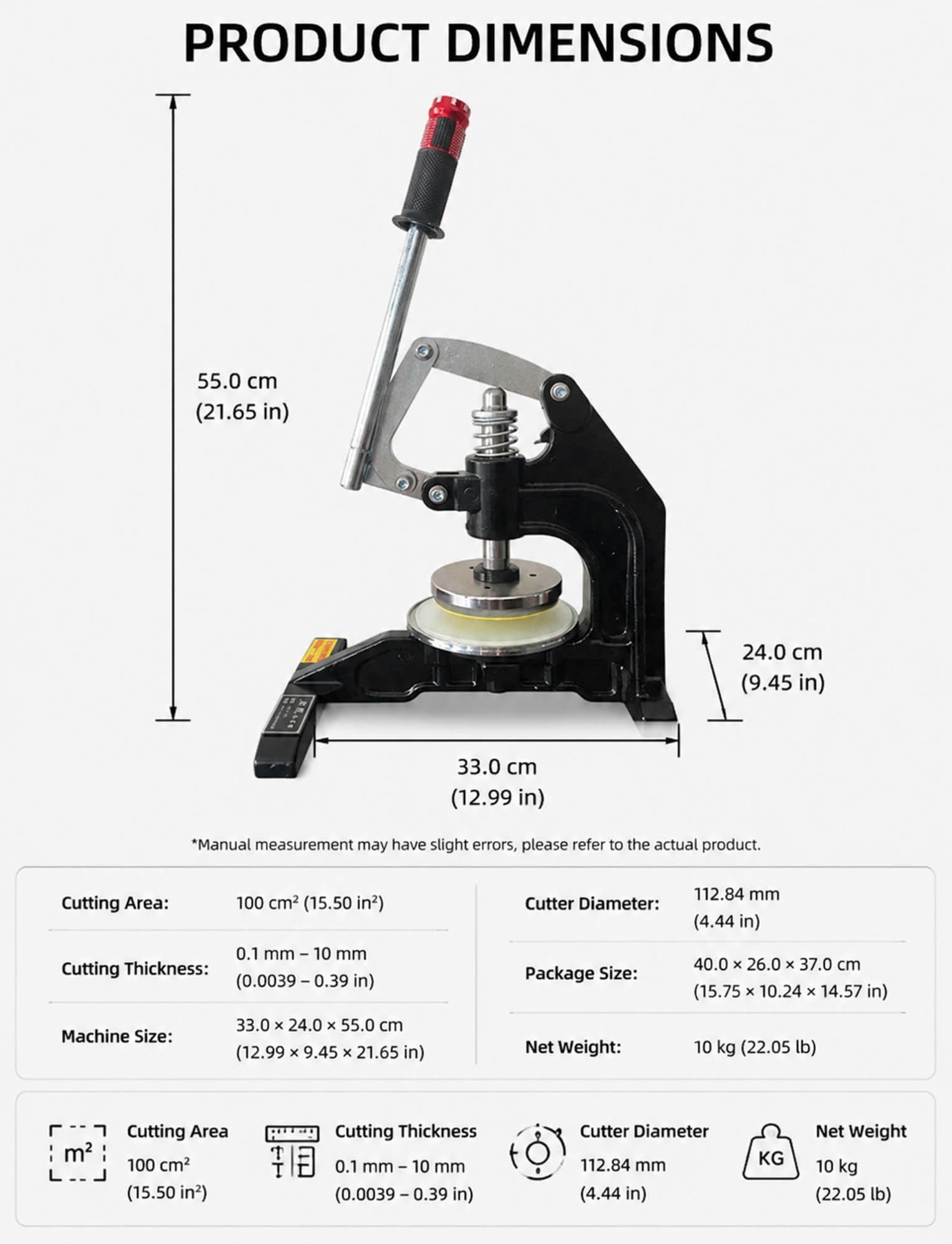 Taglierina rotonda a pressione manuale per tessuti, tappeti, carta e schiuma, campionatore circolare professionale, 100 cm² per un taglio preciso