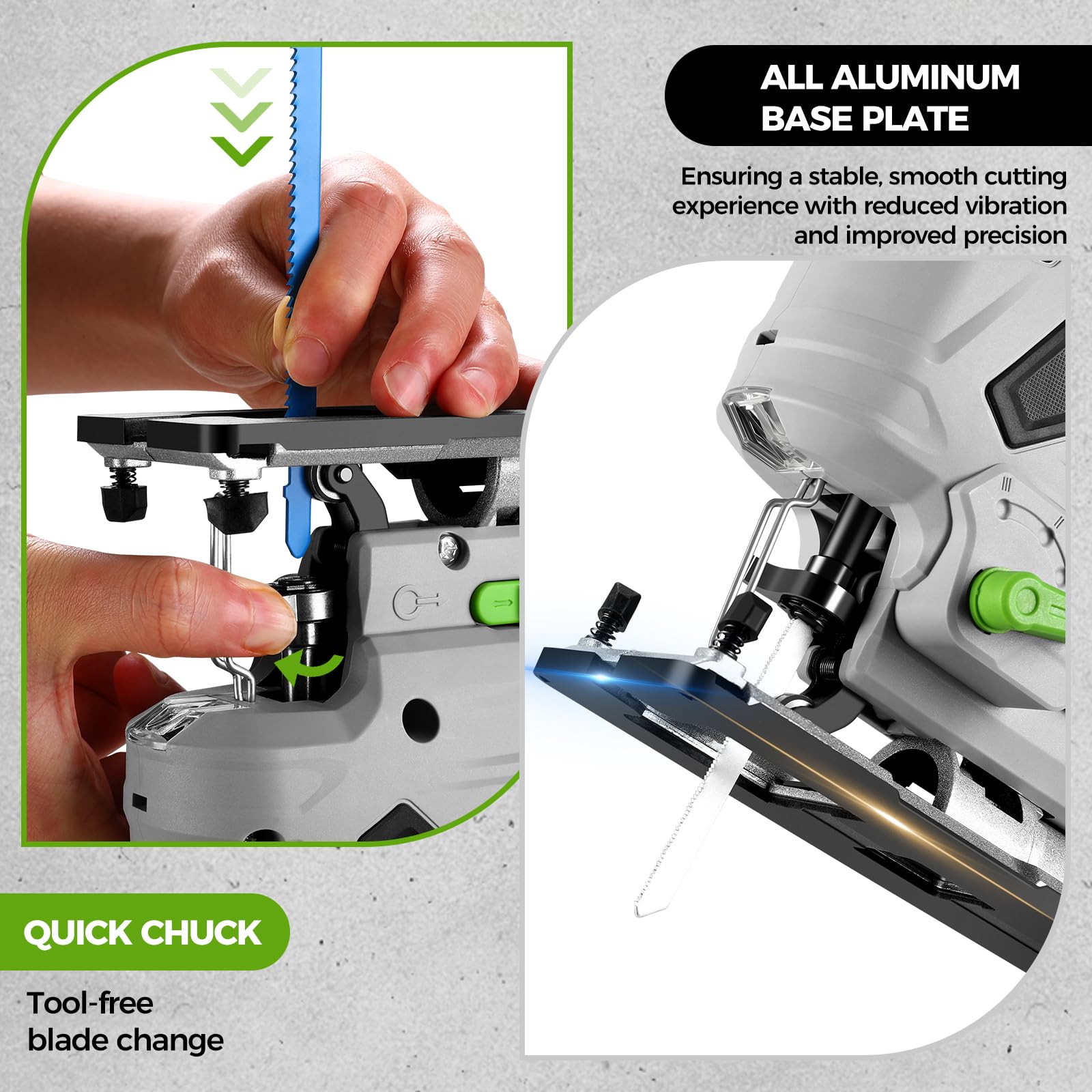 DESOON Sega alternativa da 800 W, Sega per legno con luce LED e laser, velocità variabile da 800 a 3000 SPM, taglio inclinabile ±45°, include 10 lame per sega per tagliare metallo, legno e plastica