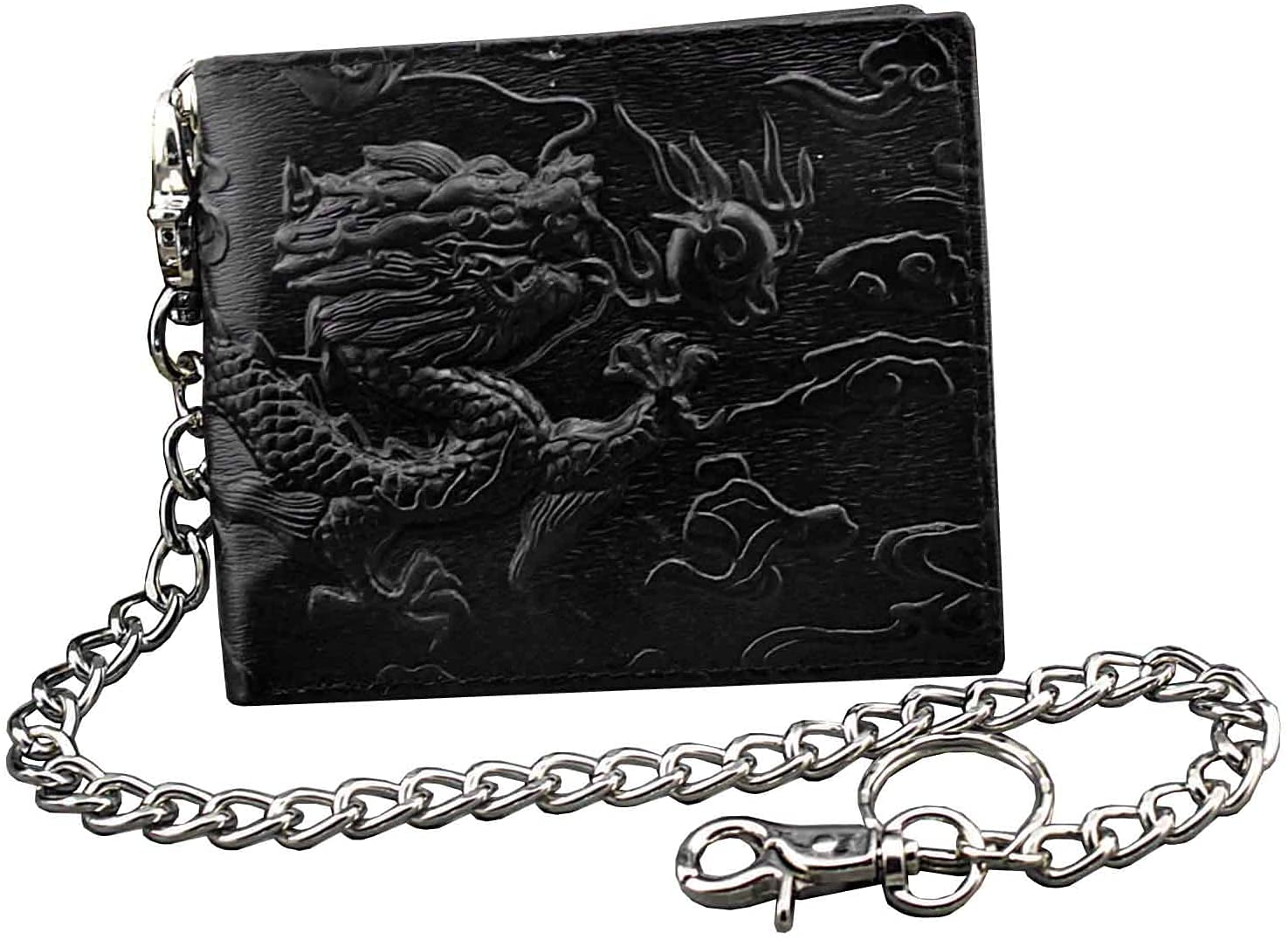 balck men real leather vintage dragon wallet with chain card holder purse (horizontal style) black
