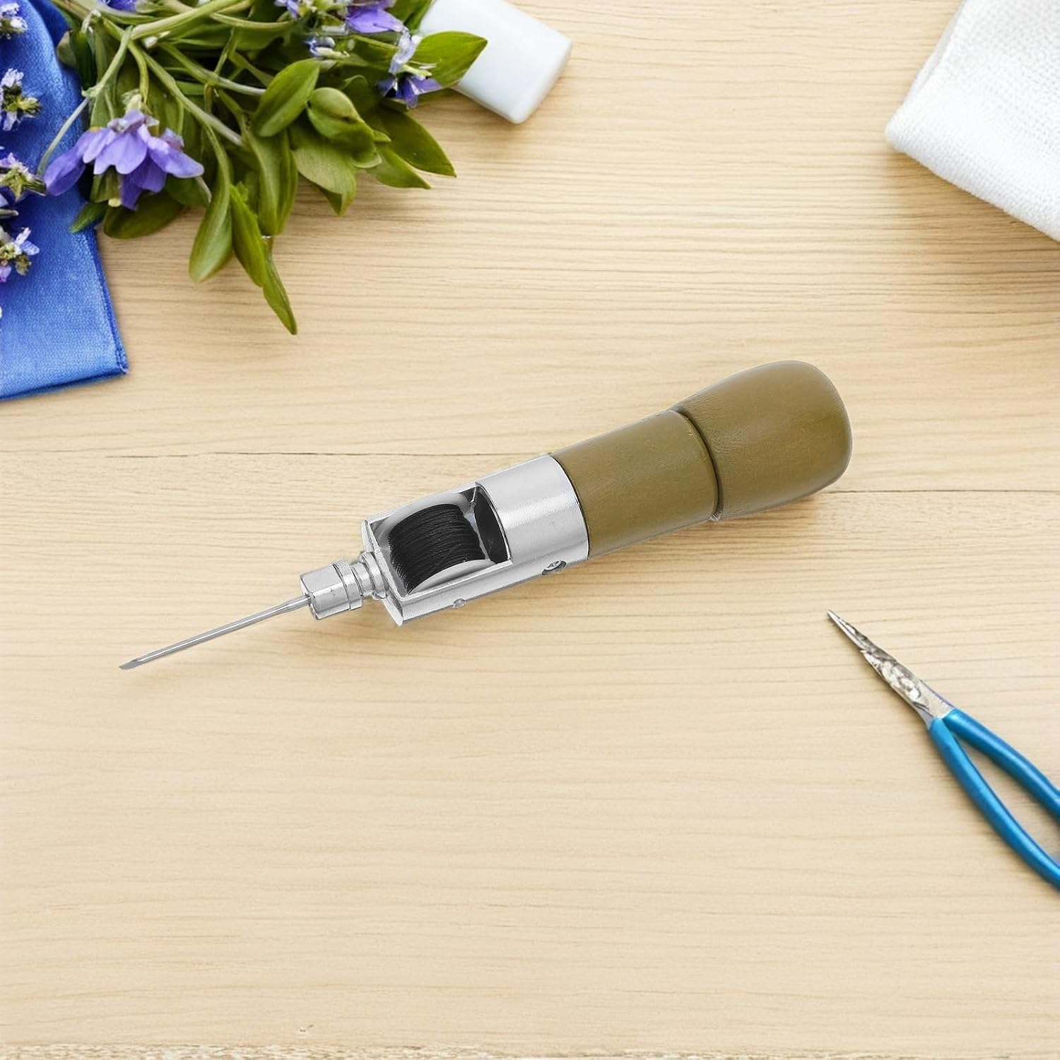 Handheld Leather Sewing Awl Tool with Waxed Thread for Repair