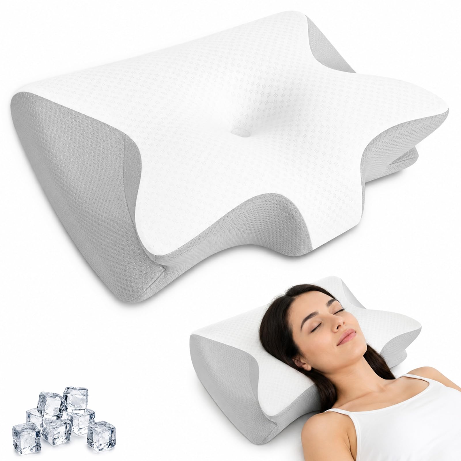Nucca Kissen, Ergonomisches Nackenstützkissen aus Dual-Density-Schaum | Drei Komfortzonen, seitliche Armaussparungen und waschbarer Bambusmix-Bezug für Rücken-, Seiten- und Wechselschläfer.
