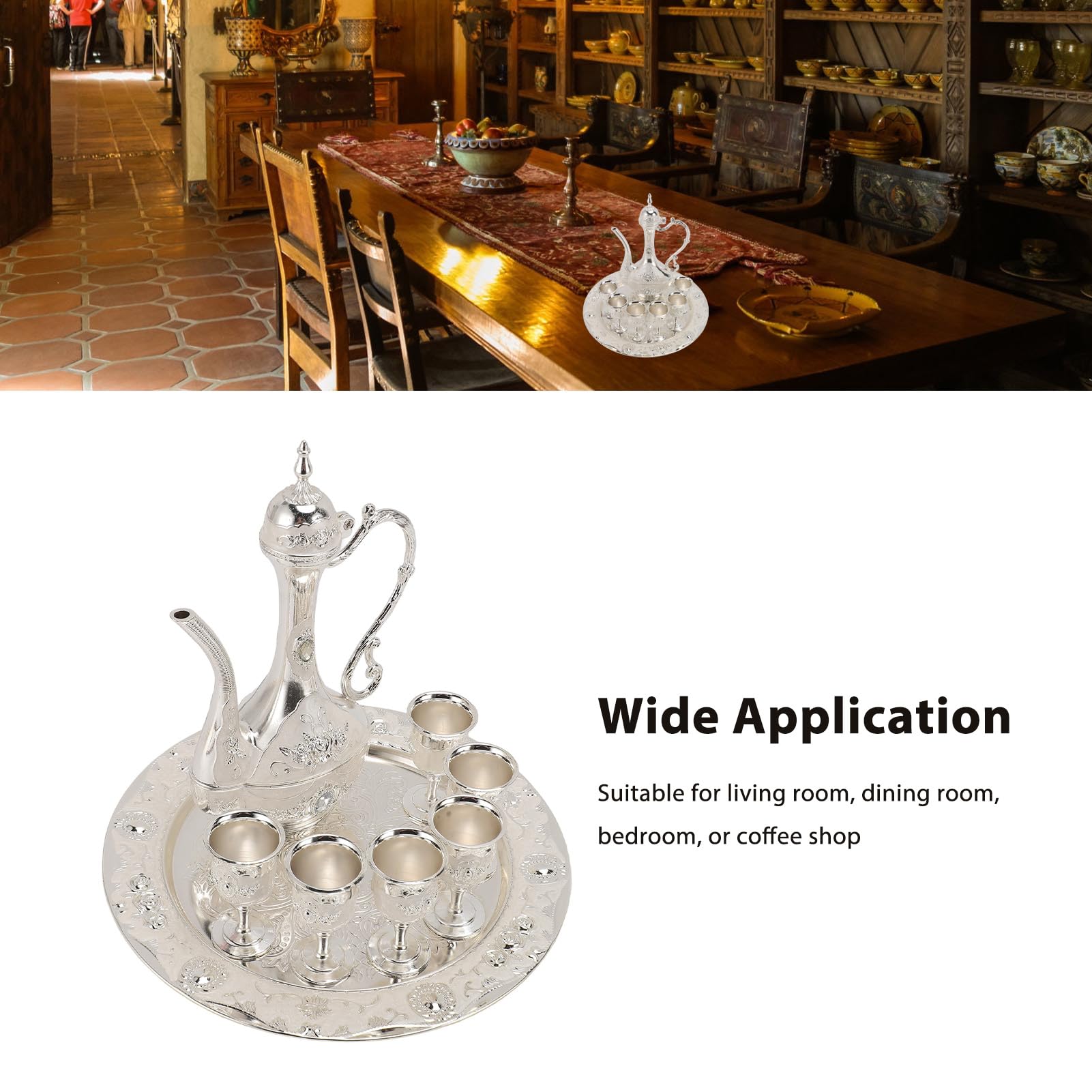 Vintage Teapot Set, Vintage Coffee Pot Set Vintage Tea Set with 6 Coffee Cups and Tea Tray Gold Plated Red Rose Zinc Alloy Tea Set for Home Party Banquet Wedding(Silver)