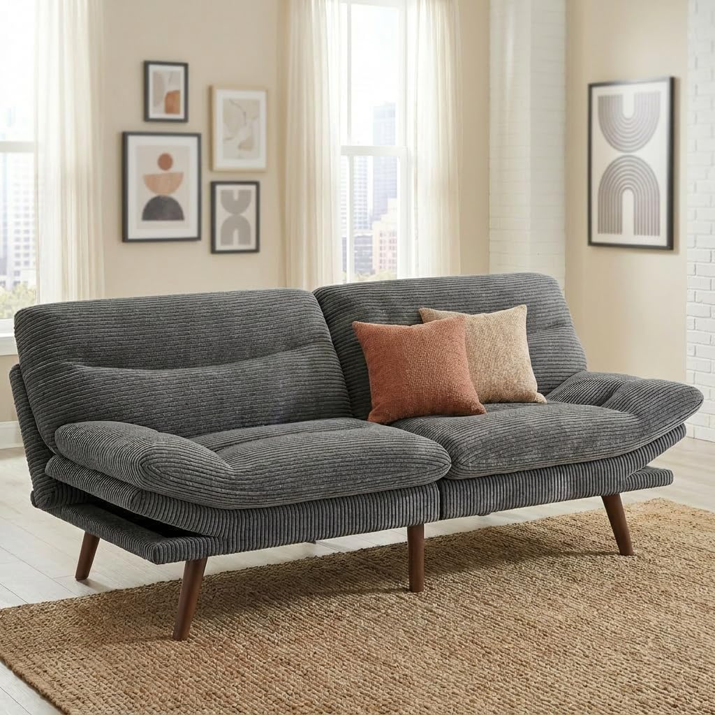 Pipishell 75" Convertible Futon Sofa Bed, Corduroy Folding Loveseat Couch, Sleeper Sofa for Living Room, Apartment, Office, Small Spaces, Grey