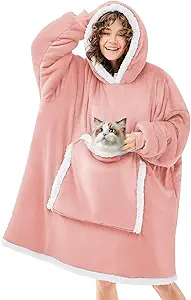 JOYWOO Pink Wearable Blanket Hoodie,Oversized Cat Lovers Sweatshirt Blanket for Adult, Birthday Gifts for Women,Mom,Men,Cozy Sherpa Hooded Blanket with Giant Pocket Winter Gifts,Mellow Rose Standard