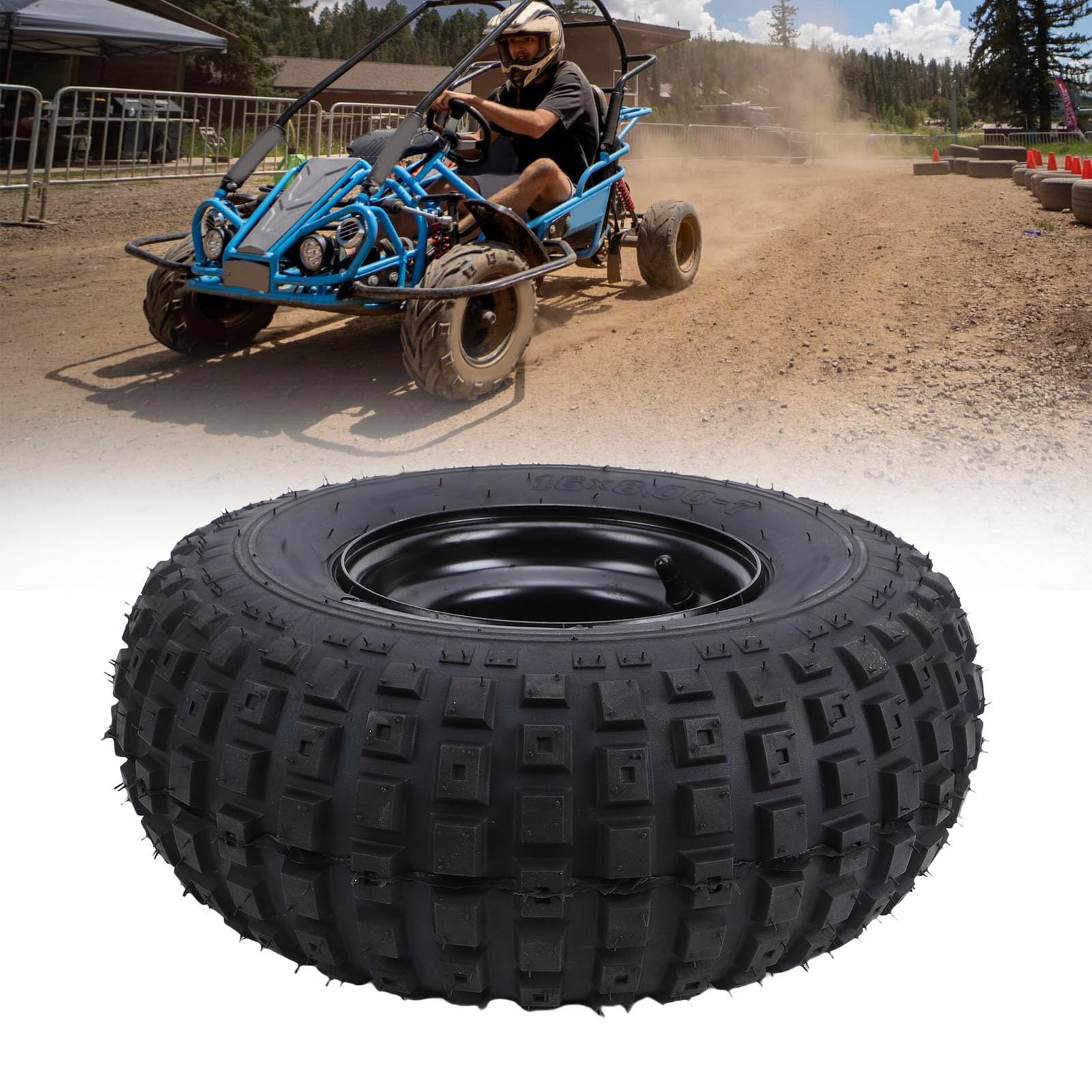 Luocute Neumático de Rueda ATV 16x8-7, Neumáticos Todo Terreno sin Cámara con Ruedas de 3 Lengüetas de 7 Pulgadas para Cortacésped UTV Quad Go Kart Cart, Antideslizante