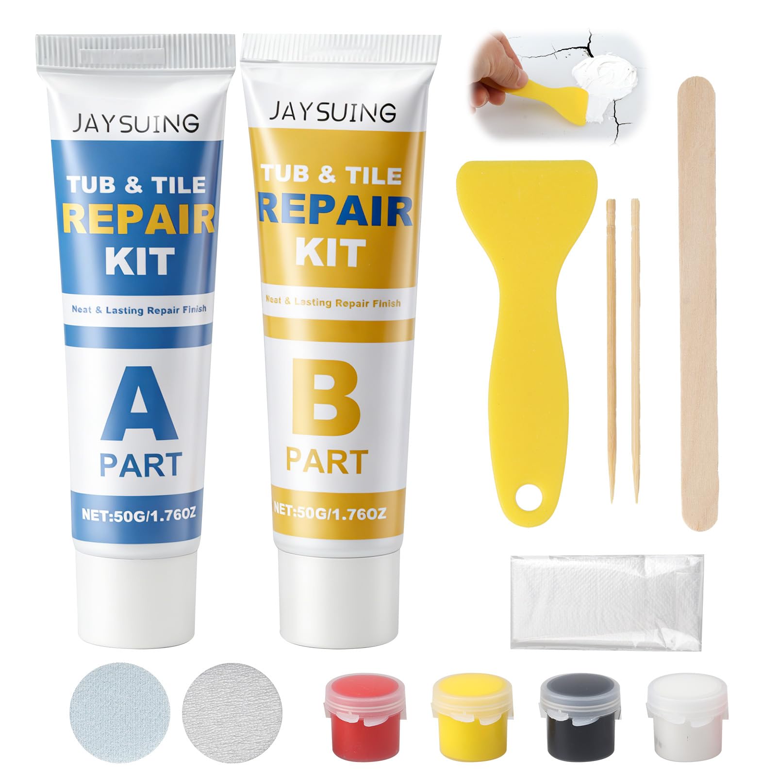 Kit Riparazione Piastrelle per Superfici in Ceramica e Marmo, Kit Riparazione Ceramica con Resina Epossidica AB 50G×2, Spatola e Accessori per Lavabo, Vasca, Piatto Doccia, Pareti e Pavimenti