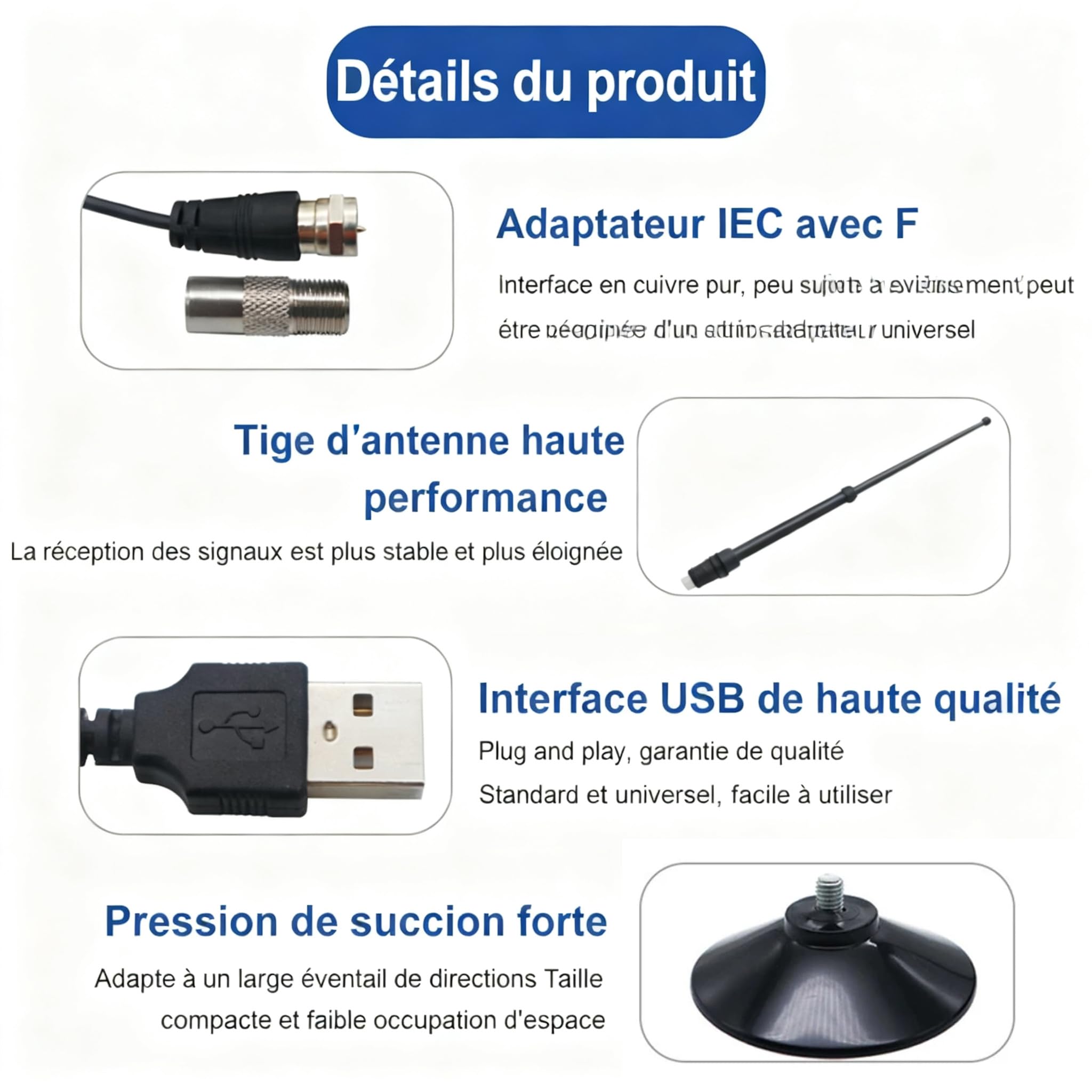 Antenne TV Intérieure Puissante – Réception Longue Portée à 360°Antennes TNT IntéRieur Puissante, Capture Chaînes Locales Gratuites, Base Magnétique, Câble Coaxial 3m